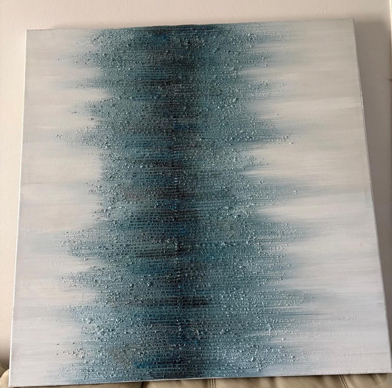 Large Textured Abstract Painting Canvas Wall Art Blue Teal Neutral 33x33 Modern