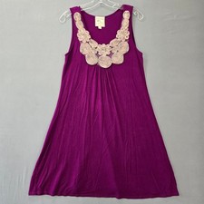 Pink Rose Purple Dress Midi Shift Tan Floral Applique Stretch Sleeveless Women M