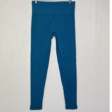 Seamless High Waisted Ribbed Athletic Leggings Teal Blue Heathered Yoga Pants
