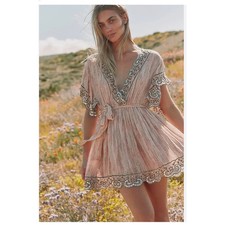 Free People Blush Pink Beaded Embroidered Mini Dress M V-Neck Flutter Sleeve
