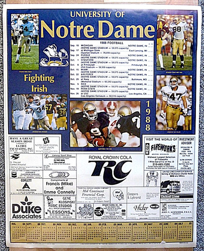 RARE 1988 Notre Dame Fighting Irish Football Poster Schedule Calendar 23x29