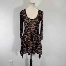 Karen Kane Leapard Print Sheer Mesh Asymmetric Flare Long Sleeve Mini Dress XS
