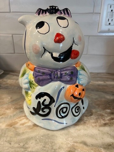 Vintage Halloween Blue Silly Ghost Cookie Jar Boo Bat Pumpkin