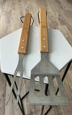 Stainless Steel Grilling BBQ Fork & Spatula Set With Bamboo Handles 15 Inches