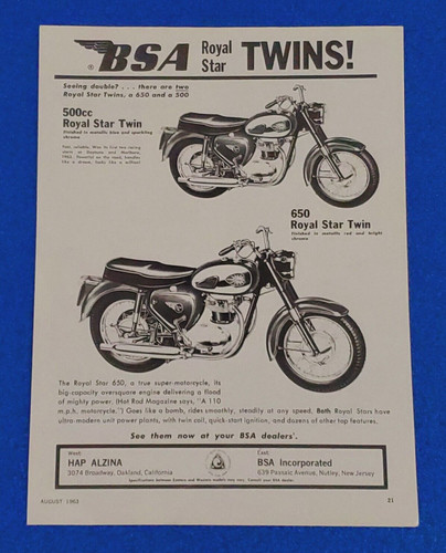 1963 BSA ROYAL STAR TWINS MOTORCYCLE ORIGINAL PRINT AD 500cc & 650cc SHIPS FREE