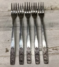 Imperial International “Young Rose” Stainless, 5 Cocktail Forks, 5-7/8” Korea