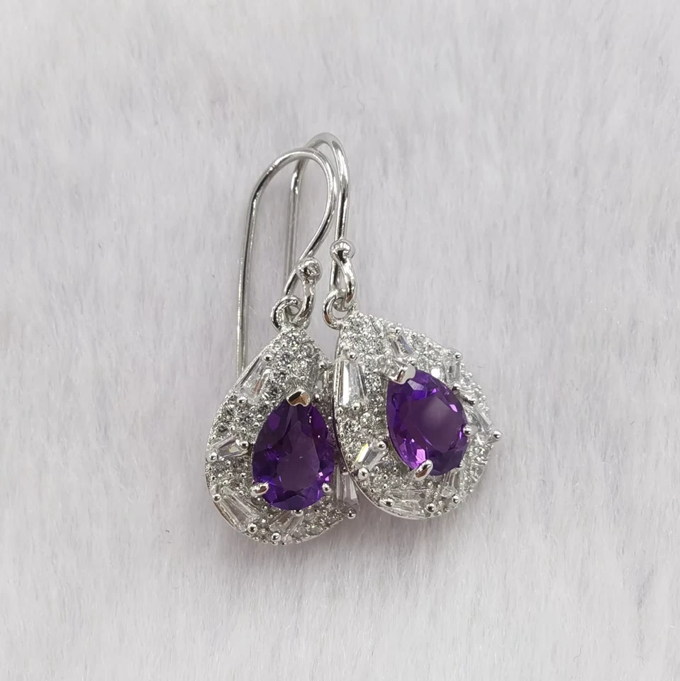 2Ct Pear Lab Created Purple Amethyst Drop/Dangle Earrings 14K White Gold Plated - Image 4 of 4