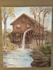 Georgia Jackburn VTG Org Oil Painting OLD STONE MILL Creekside Canvas 20x16 inch