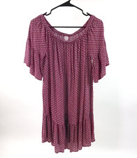 Ann Taylor Loft Dress Small Beach Burgundy/White Pattern Ruffle Off Shoulder