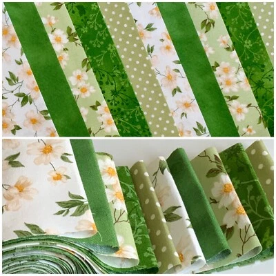 ROSE AND HUBBLE AND JOHN LOUDEN FABRICS 10 100% cotton fabric strips 2.5” x 42” jelly roll quilting mixer floral green C