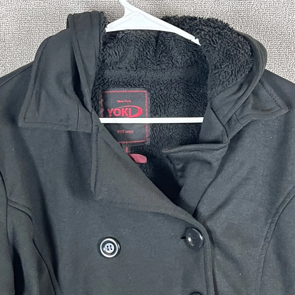 Yoki Hooded Big Button Double Breasted Black Jacket Womens Large L - Image 2 of 4