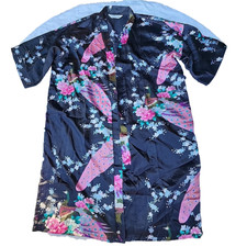 Singapore Silk Collection Floral Peacoxk Print Black Kimono Robe Womens One Size