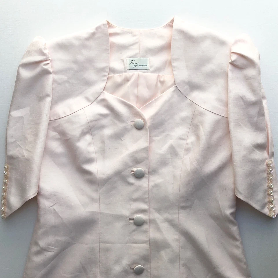 Blazer Top Vintage Años 80 Principios 90 Bebé Rosa Satinado Floral Cuentas Hombro Abullonado M Foto 3 de 4