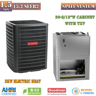 R32 Goodman 1.5 Ton AC Split & Air Handler 15.2 SEER2 Multi Speed 20-3/13''W