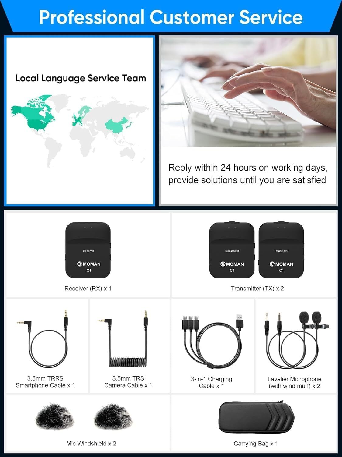 Moman C1X 2.4GHz Wireless Lavalier Microphone Dual Channel Lapel Mic System