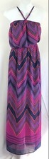 Vtg Express Chiffon Halter Maxi Dress XS Purple Chevron Blouson Retro Hippie 70s