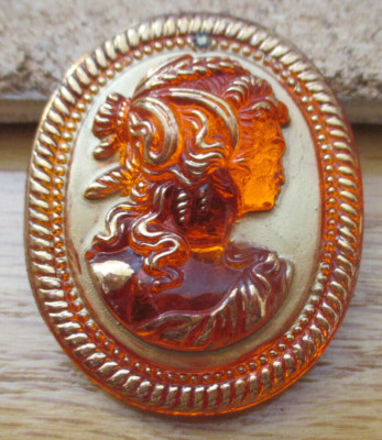1-Czech Glass Amber/Gold High Relief Woman Cameo-Silver Back Button #13