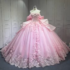 Pink Quinceanera Dresses Off Shoulder 3D Flower with Bow Ball Gowns Sweet 15 16