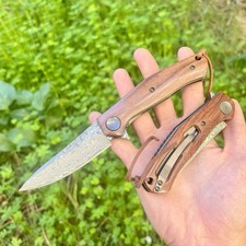 Pliant De Poche Manche Bois Lame Acier Damas 67 Couches Camping Edc Clip #137