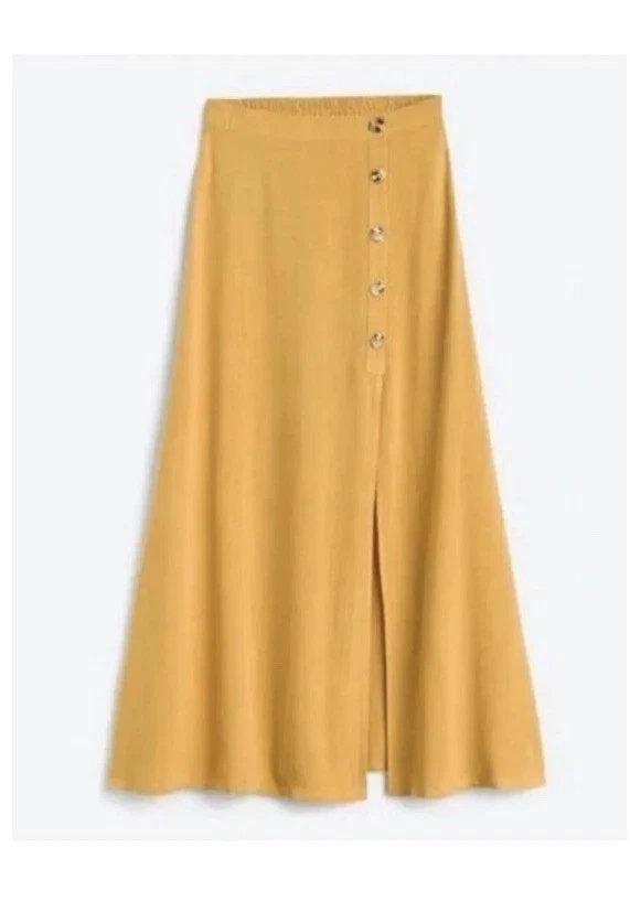 Mustard Yellow Maxi Skirt With Bella Split Slit & Buttons A-line Linen Blend L