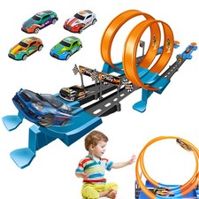 Kinder Rennbahn mit Katapult 4-Gang Premium Sprungstrecke Auto Spielzeug Set