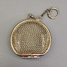 VIintage Mesh Coin Purse Keychain Gold Tone Kiss Lock Puffy Cage 2.75"