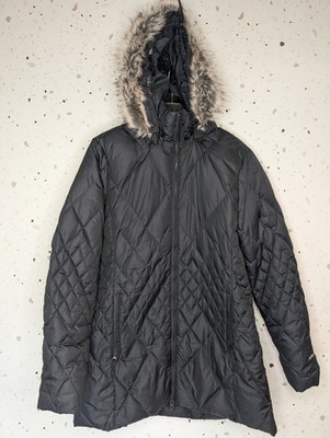 Eddie Bauer Down Jacket  Black  Long Quilted Parka Removable Hood Large