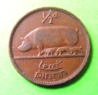 Irish 1941 Halfpenny Coin Ireland 1/2d Vintage Original Pig Piglets Celtic Harp