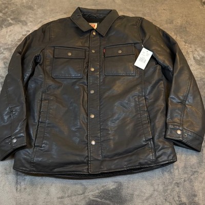 Levis Faux Leather Sherpa Lined Trucker Jacket Black Mens Medium LM1CU993 NEW