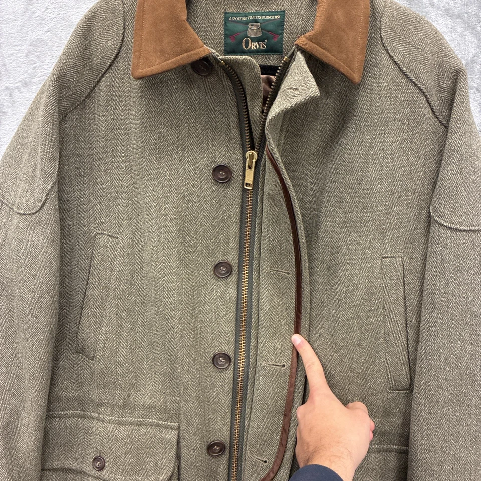 Chaqueta Abrigo ORVIS Tweed Chore M Hecha en Inglaterra Cremallera Completa Verde Lana Edredón Forrado Foto 2 de 4
