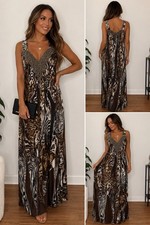 Vintage VENUS Beaded Animal Print Maxi Dress Women’s Small Y2K Brown Boho Resort