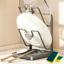 Kitchen Pot Lid Storage Rack, Pot Lid Holder with Tray, Lid Holder While Cooking
