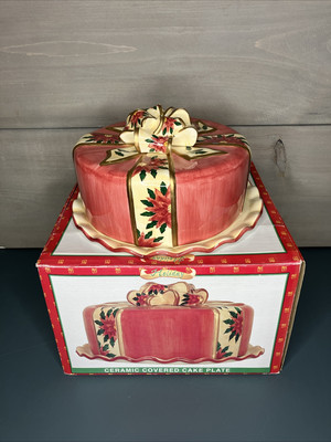 Vintage World Bazaar Covered Cake Plate Christmas Gift Design Poinsettia W/ Box
