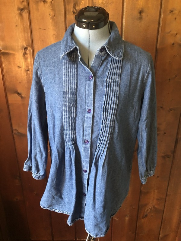 BEA Size M Cotton Jean Denim Shirt Pleated Button Up 3/4 Sleeves