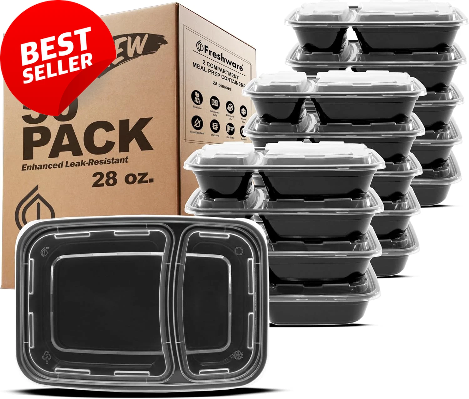 50 Pack Meal Prep Containers 2 Compartment 28oz BPA Free Stackable