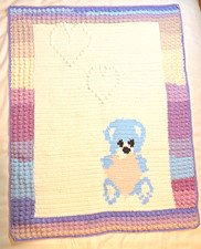 Handmade Crochet Baby Crib Blanket Bear Theme Blue Pink Purple Unisex 40 x 30 in