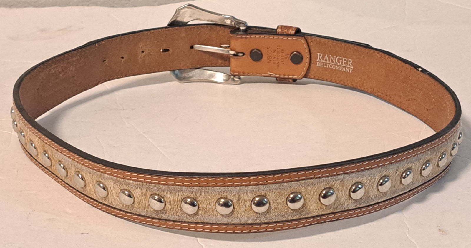 Ranger Genuine Leather & Pony Hair Belt Studded Silver Buckle WB505 Size 34
