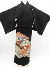 Japanese Vintage Kimono Black-Tomesode Silk Five Crest Embroided eb-1317