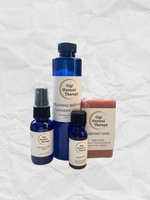 A set of Gigi Natural Therapy Essentials includes oil, soap, bath salt and spray