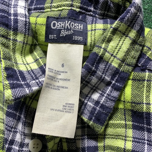 OshKosh B'gosh Flannel Shirt Boys Size 6 Green Blue Plaid Button Farm Fall Dress - Picture 2 of 8