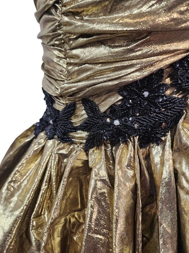 Vtg 80s Prom Dress XS Mermaid Gold Lame Halter Metallic Ruched Pageant Gown - Picture 14 of 19