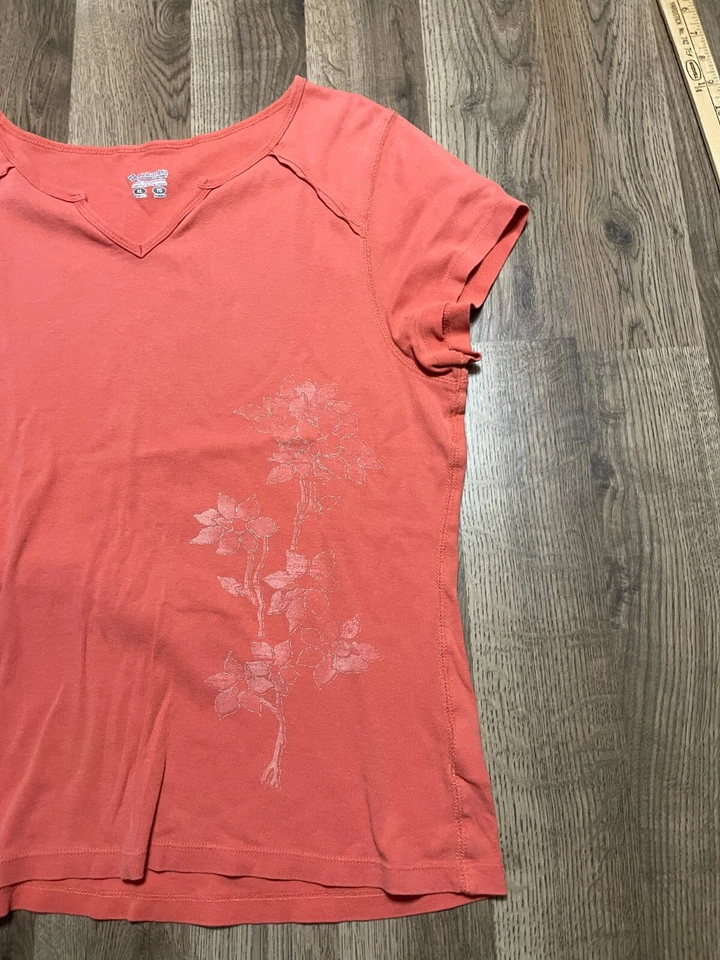 Camisa Columbia, para mujer talla XL, naranja, flor, cuello en V, manga corta Foto 4 de 4