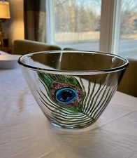 Unique Heavy 2 Quart Serving Bowl With Hand Painted Peacock Feather 2 Pounds