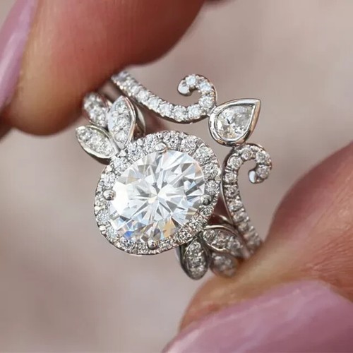 Women's Bridal Ring Set Oval Cut Diamond Lab-Created 14k White Gold Plated 2Ct - Picture 2 of 5