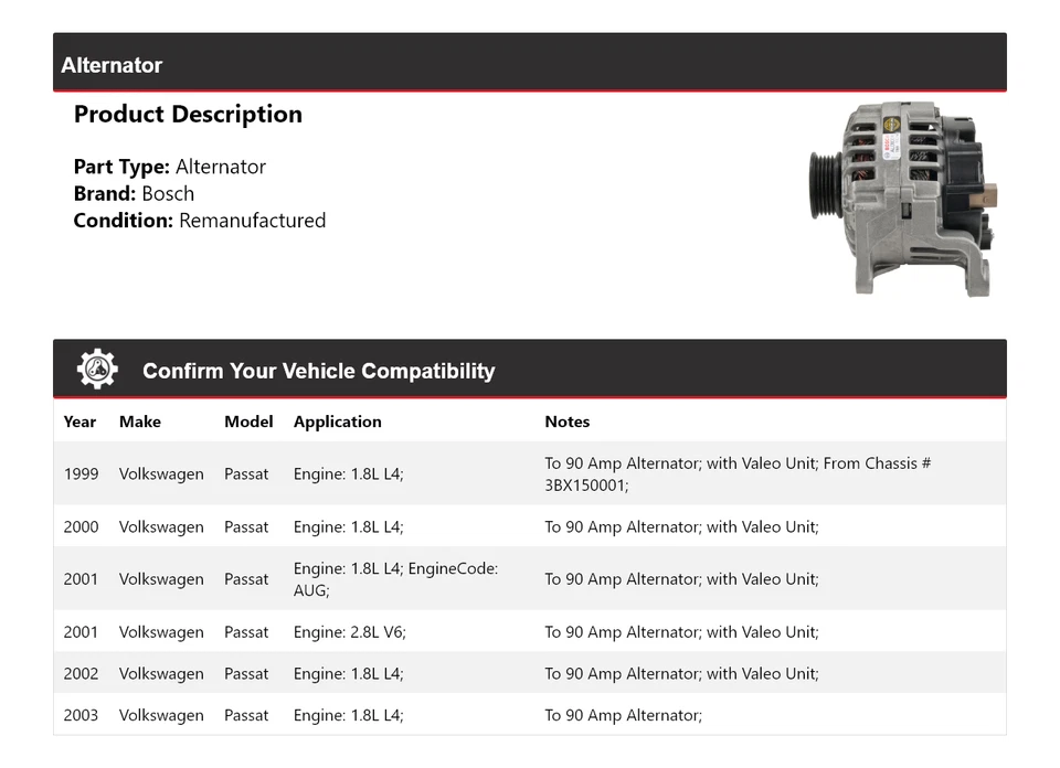 Alternador para Volkswagen Passat Bosch 1999-2003 (remanufacturado) 2000 2001 2002 Foto 2 de 4
