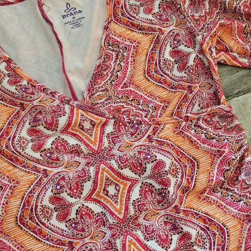 Prana Women's Faux Wrap Dress Size Medium V-Neck Stretch Orange Pink Printed - Picture 6 of 13