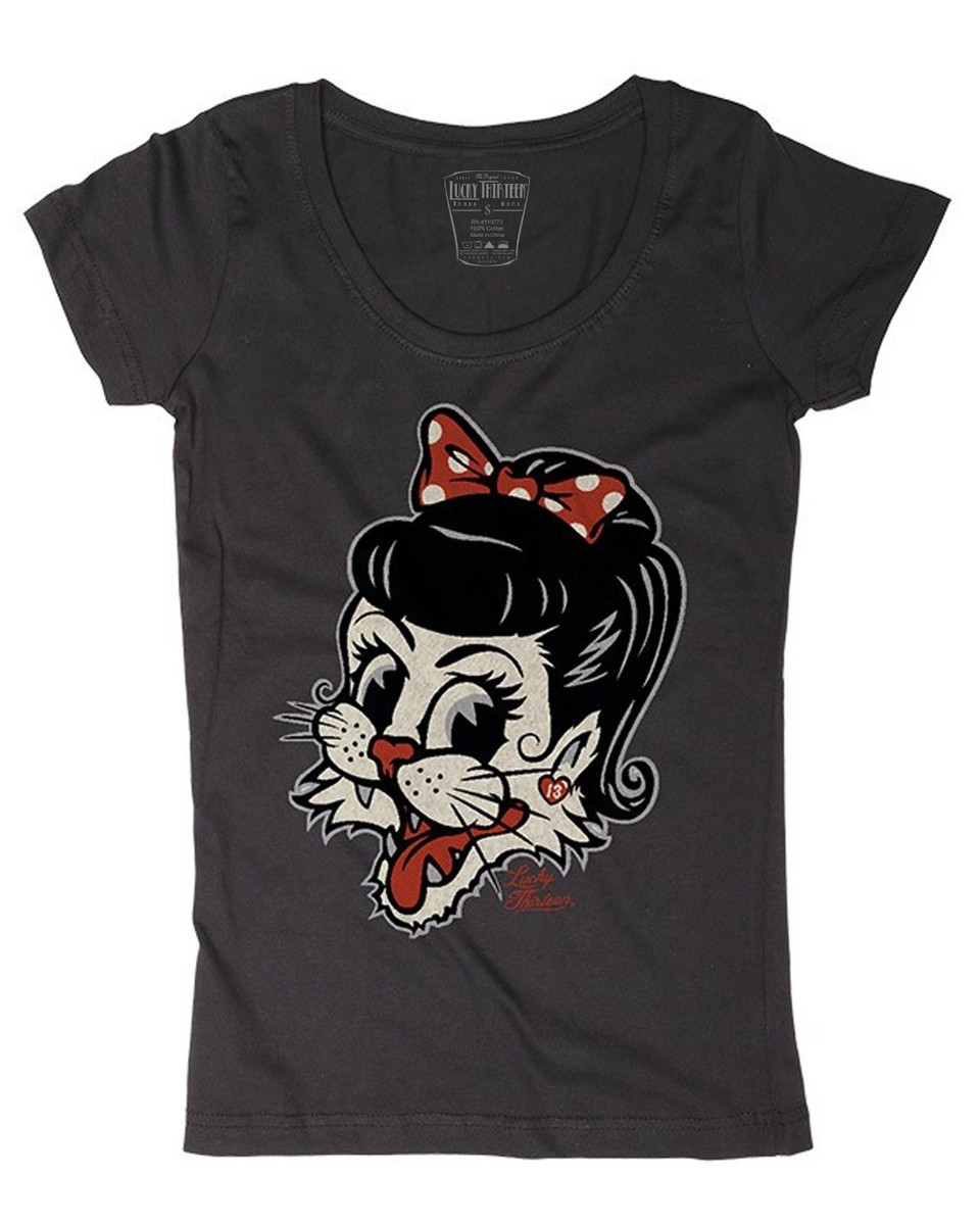 Lucky 13 Miss Alley Cat Rockabilly Biker Tattoos Scoop Neck Tee Shirt  LW1140MA