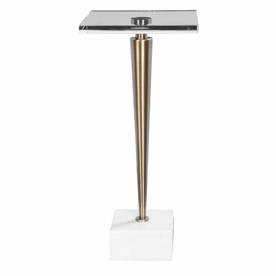 Luxe Tapered Gold Metal Pedestal Table White Marble Crystal Top Square Drink