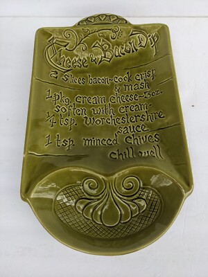 70s Vintage Avocado Green USA Pottery Platter Cheese Bacon Dip Recipe Ceramic 