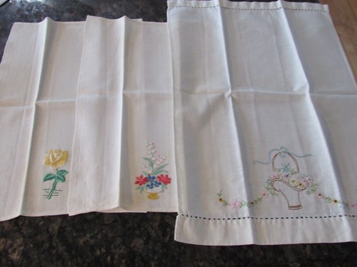 Vintage Lot of 6 Hand Embroidered Tea Dish Hand Towels Flowers Ribbons Basket - Picture 10 of 11